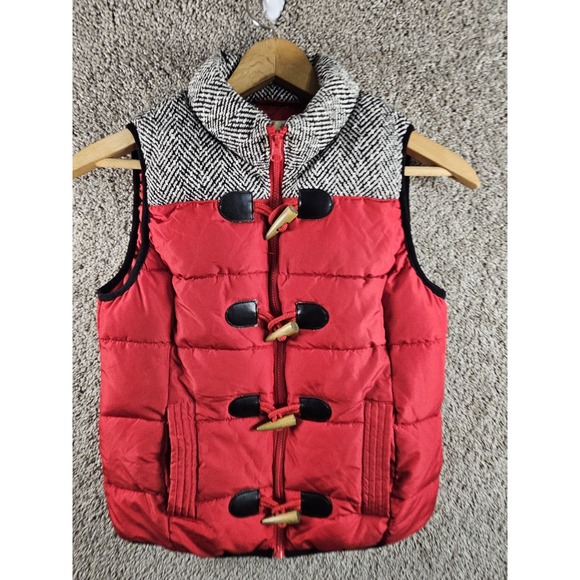Ruff Hewn Puffer Sleeveless Red Quilted Tweed Vest Rope Latch Buttons Womens PM - Picture 2 of 16